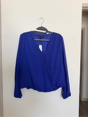 NWT Banana Republic Royal Blue Faux Wrap Blouse Long Sleeve Chiffon Top Size S